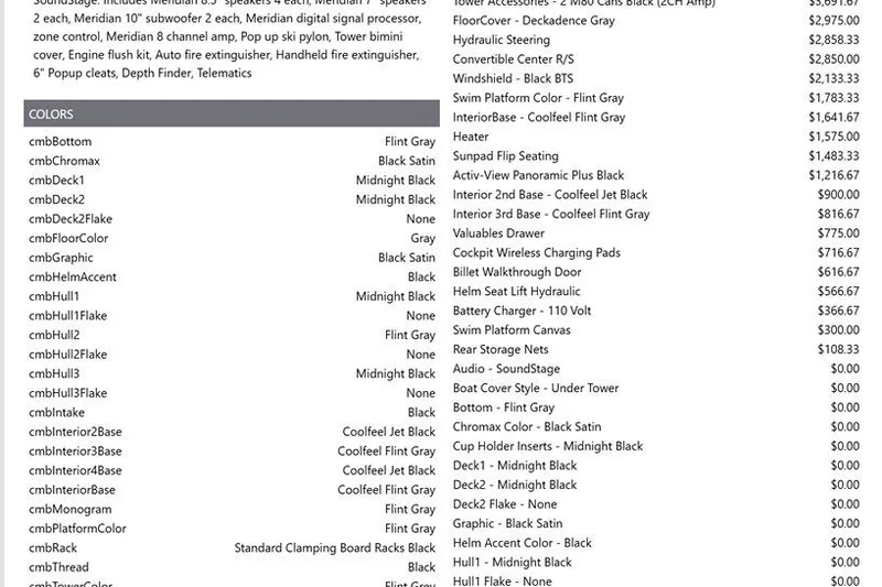 Slide: The Image of 2026 MasterCraft XT24 boat specifications and pricing list with color options and accessories. - 14
