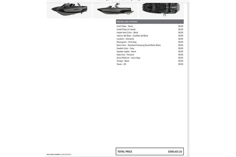 Slide: The Image of 2026 MasterCraft XT24 boat with pricing options, total price $300,433.33. - 15
