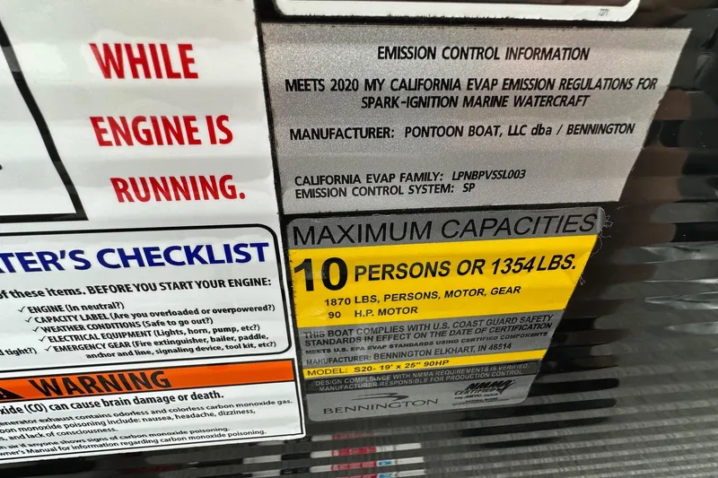 Slide: The Image of Bennington 2020 pontoon boat capacity label, 10 persons or 1354 lbs, emission info. - 13