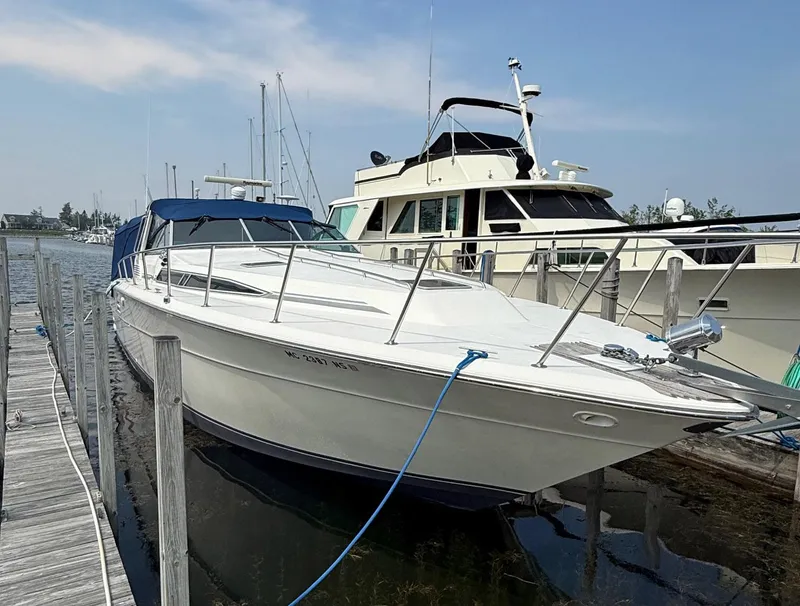 The Image of 1989 Sea Ray 460 Express Cruiser docked at a marina, clear sky background. - 1