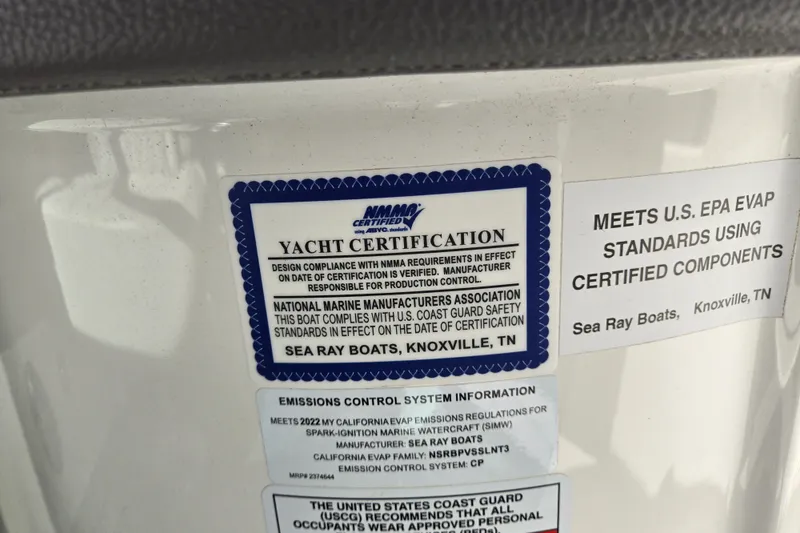 Slide: The Image of Yacht certification label for 2022 Sea Ray SLX 280, meeting EPA standards, Knoxville, TN. - 66