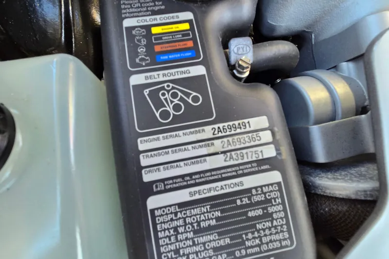 Slide: The Image of Engine specifications and serial numbers on a 2022 Sea Ray SLX 280 boat. - 67