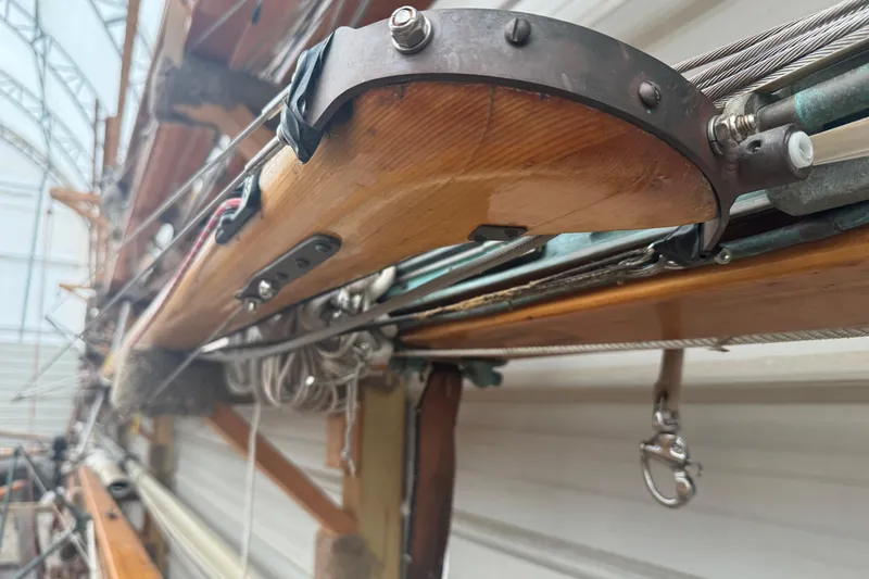 Slide: The Image of Close-up of 1944 Luders 24 sailboat rigging and wooden mast details. - 16