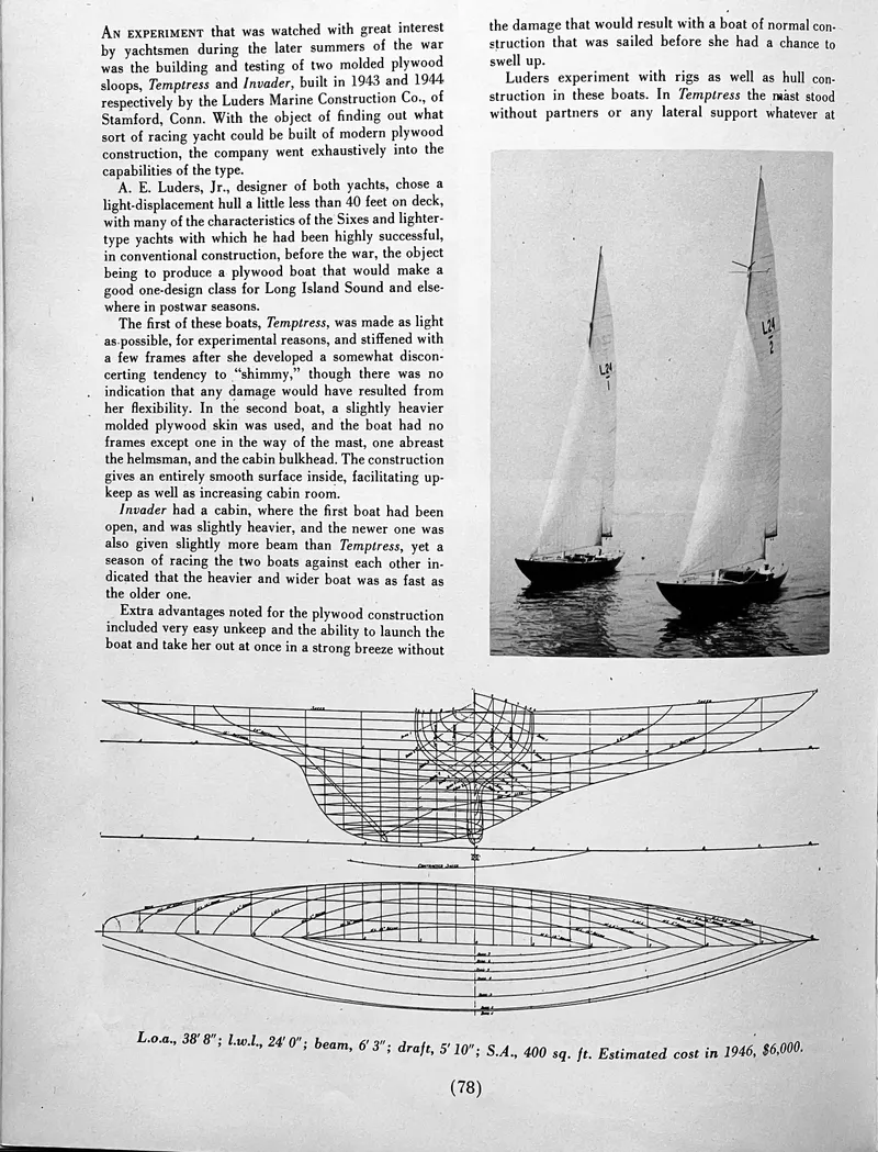 Slide: The Image of 1944 Luders 24 sailboat with technical drawings and photo. - 19