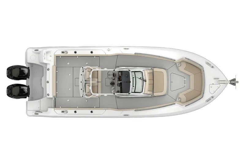 Slide: The Image of Manufacturer Provided Image: 2017 Boston Whaler 250 Outrage boat, top view, dual engines, spacious deck layout. - 26