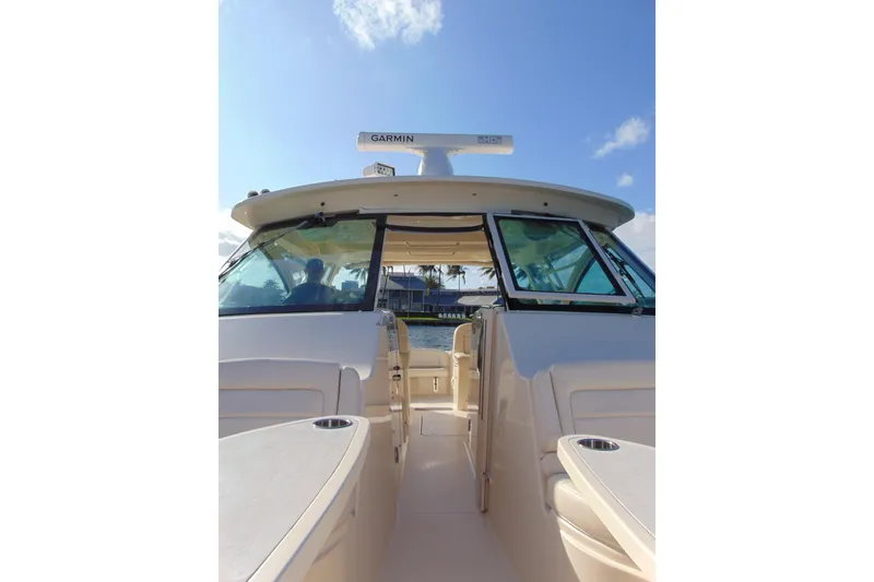 Slide: The Image of 2018 Grady-White Freedom 375 boat with Garmin radar, viewed from the deck. - 7