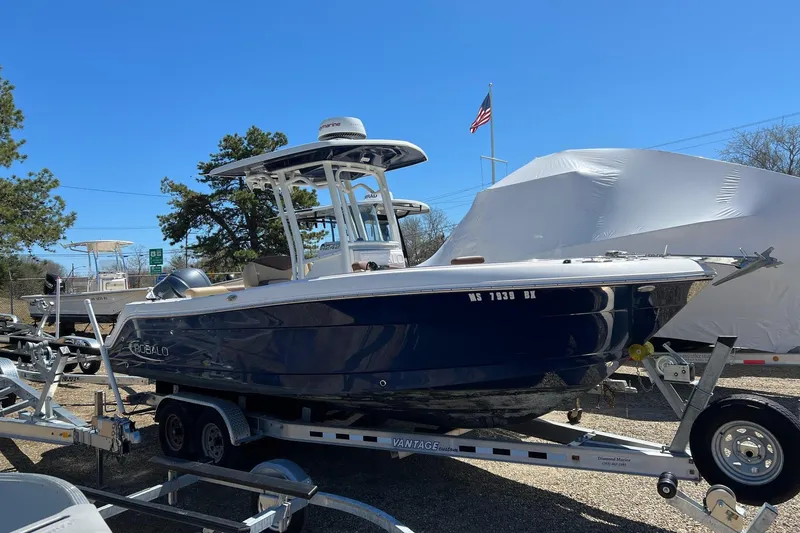 The Image of 2018 ROBALLO R242 boat on trailer, parked outdoors under clear blue sky. - 0