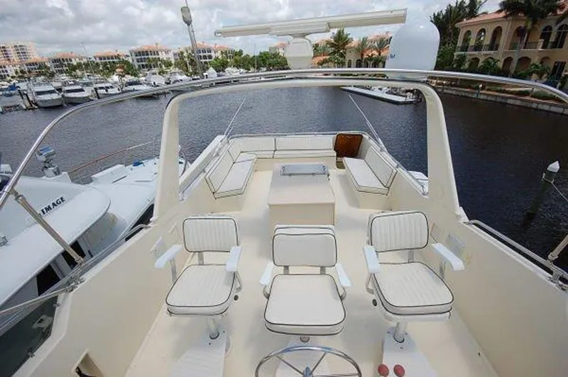 Slide: The Image of 1987 Hatteras Flybridge yacht with seating area, docked in a marina. - 28