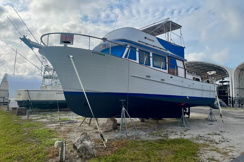Slide: The Image of 1981 Albin 36 Trawler for sale, docked on land under cloudy sky. - 6