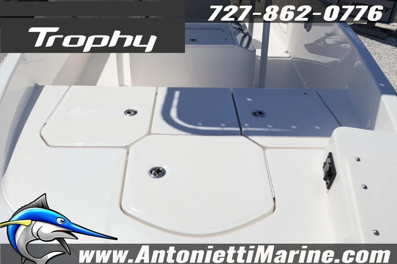 Slide: The Image of 2026 Bayliner Trophy T18 boat deck with storage compartments, featuring Antonietti Marine branding. - 14