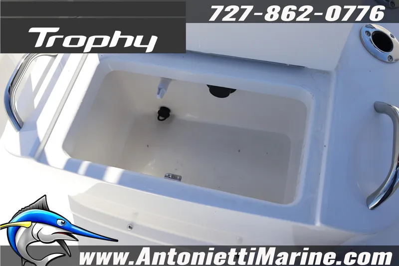 Slide: The Image of 2026 Bayliner Trophy T18 boat compartment with handles, featuring Antonietti Marine branding. - 26