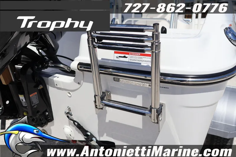 Slide: The Image of Bayliner Trophy T18 2026 boat ladder and engine detail, Antonietti Marine branding. - 29