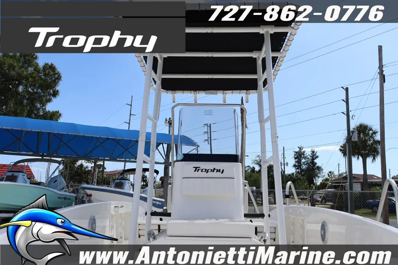 Slide: The Image of 2026 Bayliner Trophy T18 boat displayed at Antonietti Marine dealership. - 6