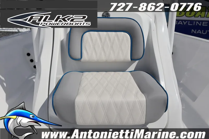 Slide: The Image of 2026 ALK2 Powerboats 22 CRS seat with diamond stitching and blue trim. - 14