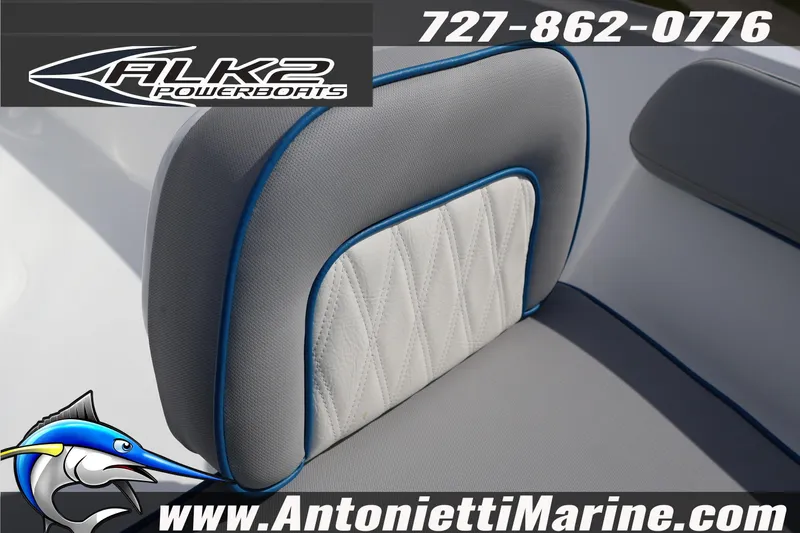 Slide: The Image of 2026 ALK2 Powerboats 22 CRS seat detail with logo and contact information. - 15