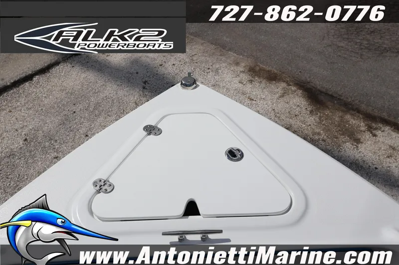 Slide: The Image of Bow of 2026 ALK2 Powerboats 22 CRS with storage hatch, logo, and contact details. - 17