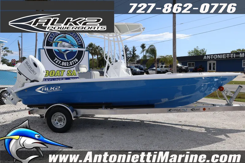 Slide: The Image of 2026 ALK2 Powerboats 22 CRS in blue on trailer at Antonietti Marine dealership. - 5