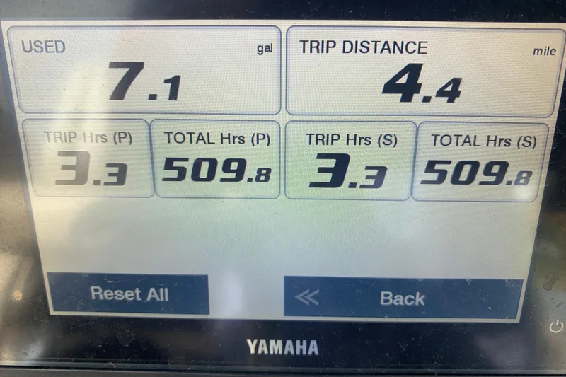 Slide: The Image of Yamaha display showing fuel usage and trip data for Tidewater 256 CC Adventure, 2021 model. - 35