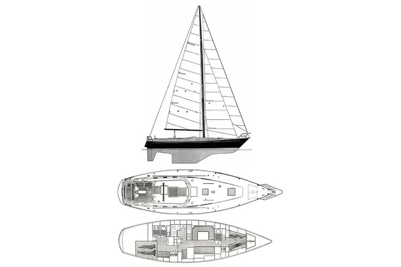 Slide: The Image of Blueprint of 1984 TA Chaio CT47 sailboat, showing side and top views with interior layout. - 24