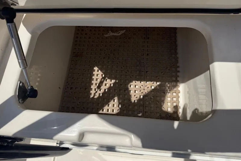 Slide: The Image of Storage compartment of a 2015 Cobia 296 Center Console boat, featuring a hydraulic lift. - 13