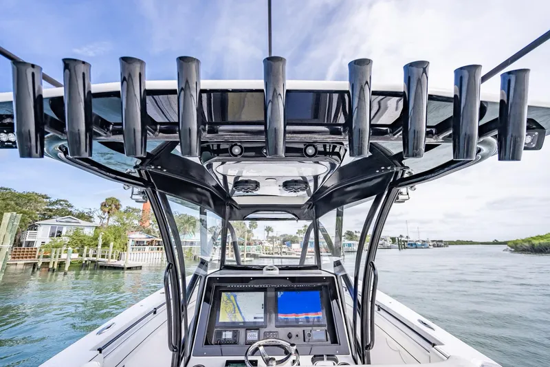 Slide: The Image of 2020 SeaHunter 35 Tournament boat console with advanced navigation system. - 28
