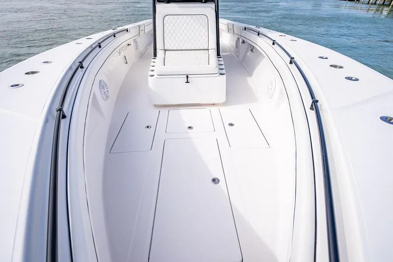Slide: The Image of 2020 SeaHunter 35 Tournament boat deck with seating and storage compartments. - 35