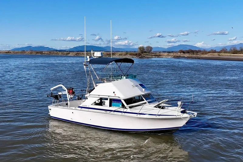 The Image of 1981 Bertram 28 Flybridge Cruiser on calm water with scenic mountain backdrop. - 0