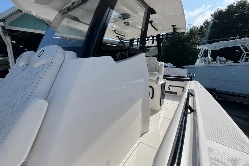 Slide: The Image of 2024 Fountain Bluewater 38 Tournament Edition boat, showcasing sleek design and spacious deck. - 20