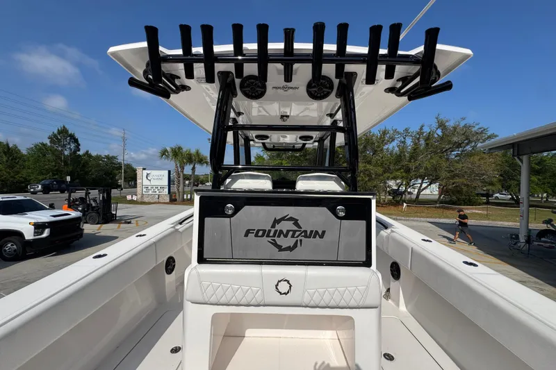 Slide: The Image of 2024 Fountain Bluewater 38 Tournament Edition boat, featuring sleek design and spacious deck. - 32