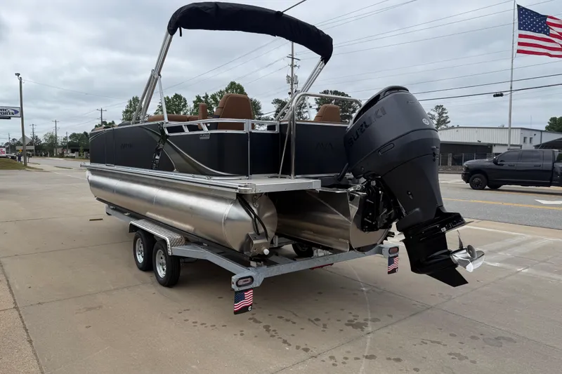 Slide: The Image of 2026 Avalon LSZ Rear Fish pontoon boat on trailer, featuring Suzuki outboard motor. - 5