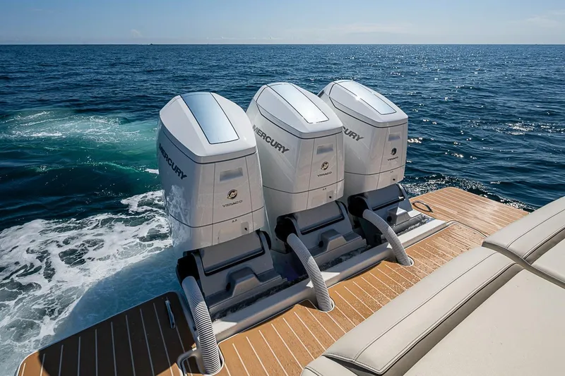 Slide: The Image of 2024 Tiara Yachts 48 LS with triple Mercury outboard engines on open sea. - 13