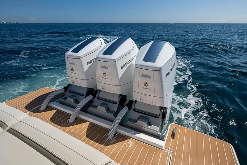Slide: The Image of Triple Mercury outboard engines on 2024 Tiara Yachts 48 LS, cruising on open sea. - 14