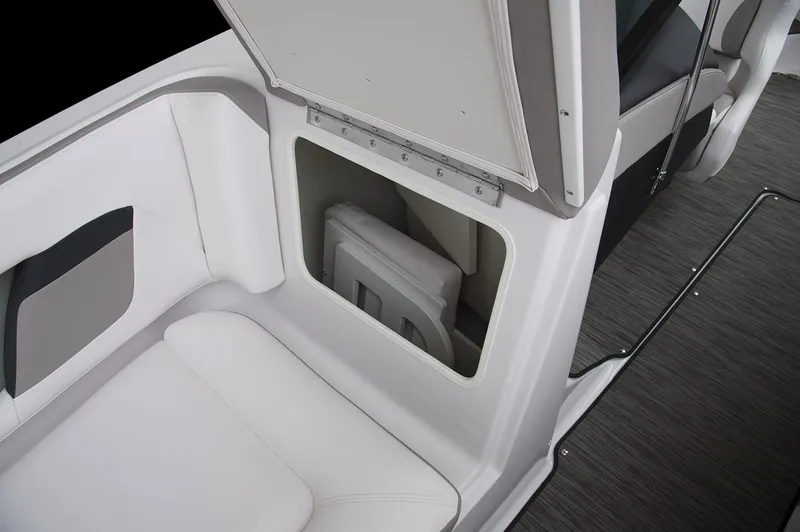 Slide: The Image of Manufacturer Provided Image: 2019 Four Winns HD220 boat storage compartment with white cushioned seating. - 4