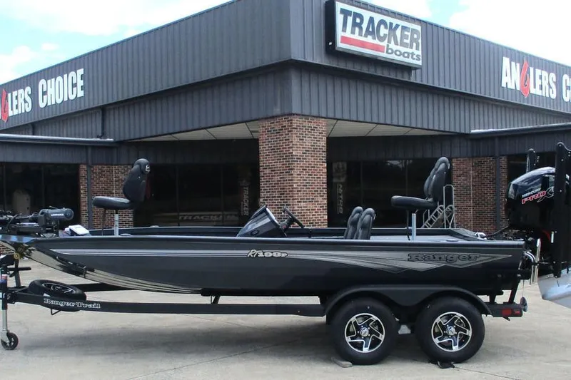 The Image of 2026 Ranger RT198P boat displayed outside Anglers Choice store. - 1