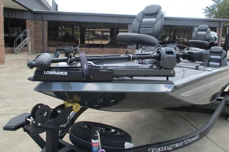 Slide: The Image of 2026 Ranger RT198P boat with Lowrance Ghost trolling motor on trailer. - 7