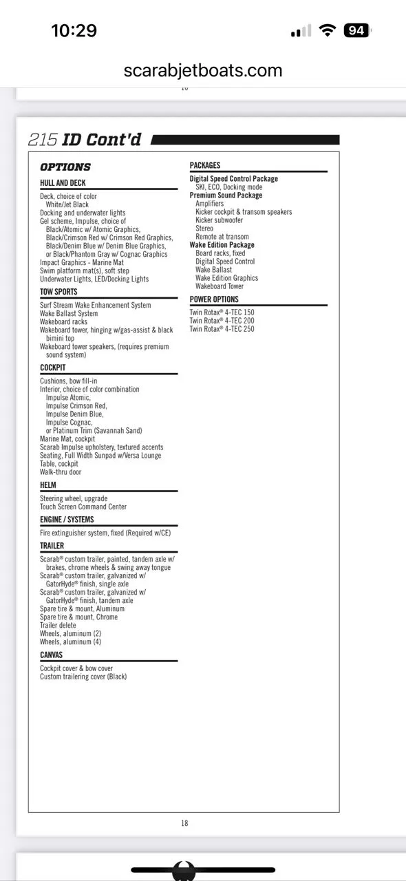 Slide: The Image of Scarab 215 ID 2018 options and packages overview. - 23