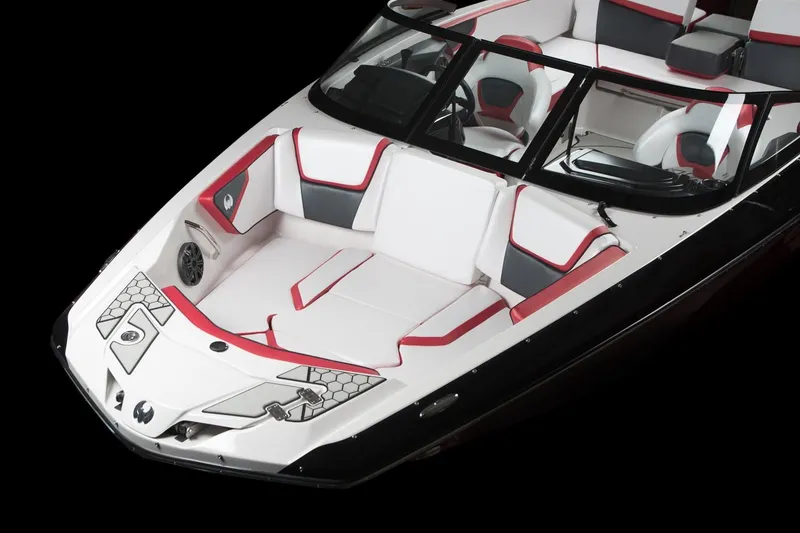 Slide: The Image of 2018 Scarab 215 ID boat with sleek design and red accents. - 26