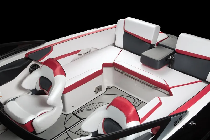 Slide: The Image of Interior of 2018 Scarab 215 ID boat with red and white seating. - 29