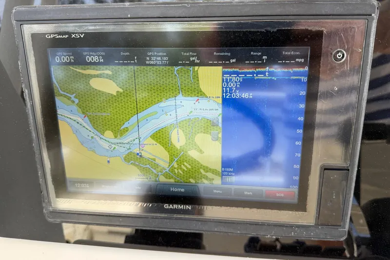 Slide: The Image of Garmin GPS display on 2019 World Cat 230 CC boat showing navigation map. - 35