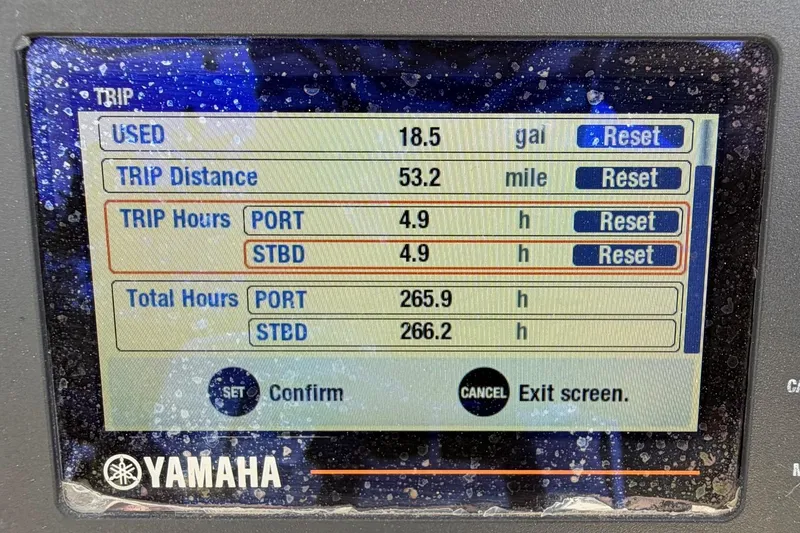 Slide: The Image of Yamaha display showing trip data for 2019 World Cat 230 CC boat. - 56