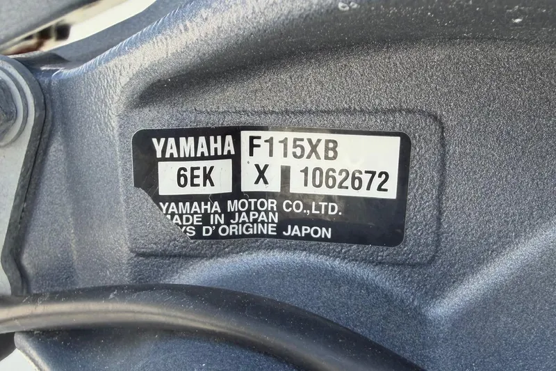 Slide: The Image of Yamaha F115XB engine label on 2019 World Cat 230 CC boat. - 58
