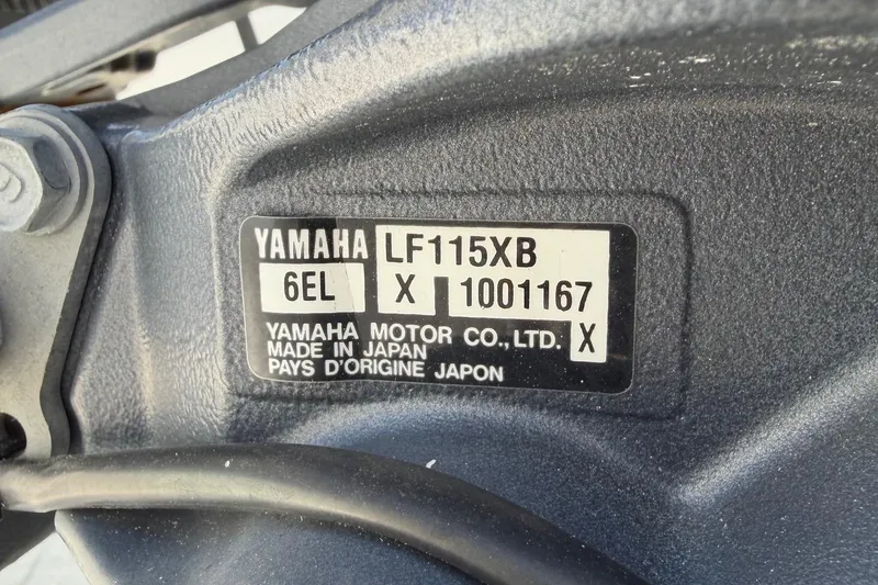 Slide: The Image of Yamaha motor label on a 2019 World Cat 230 CC boat engine. - 61