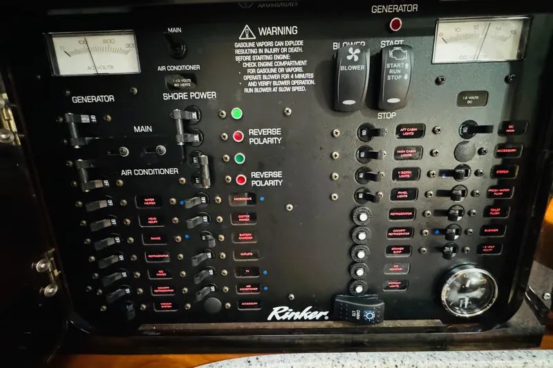 Slide: The Image of Control panel of a 2002 Rinker Fiesta Vee 342 boat with various switches and gauges. - 47