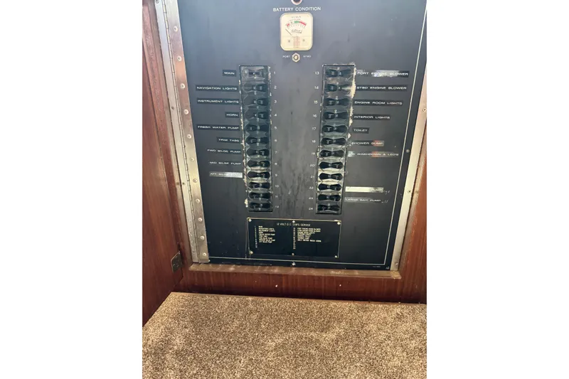 Slide: The Image of Electrical panel of a 1985 Hatteras 45 Convertible boat, featuring various switches and controls. - 25