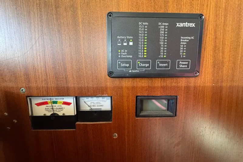 Slide: The Image of Control panel on a 1985 Hatteras 45 Convertible boat, featuring Xantrex and Electro-Guard indicators. - 27