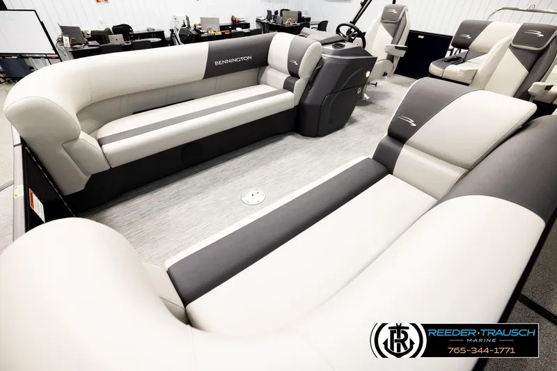 Slide: The Image of 2026 Bennington 22 SSBSF pontoon boat interior with plush seating and modern design. - 10