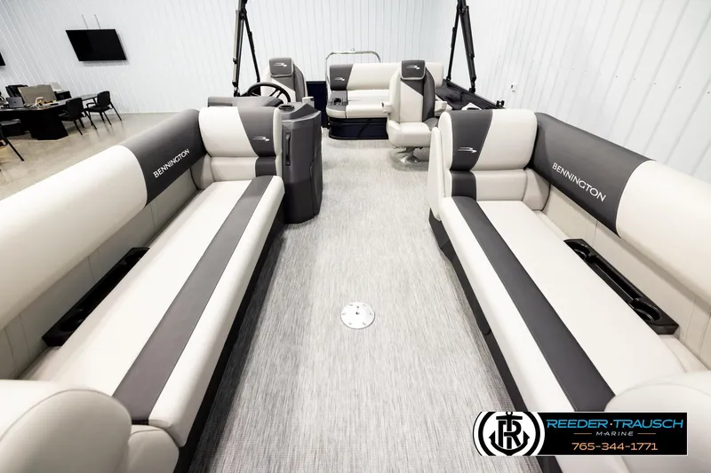 Slide: The Image of 2026 Bennington 22 SSBSF pontoon boat interior with luxurious seating and modern design. - 13