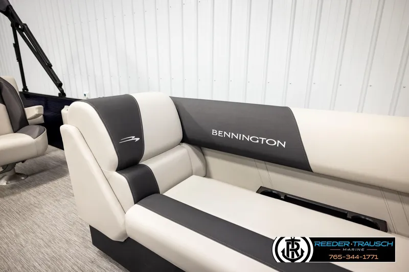 Slide: The Image of 2026 Bennington 22 SSBSF boat interior with branded seating and modern design. - 27