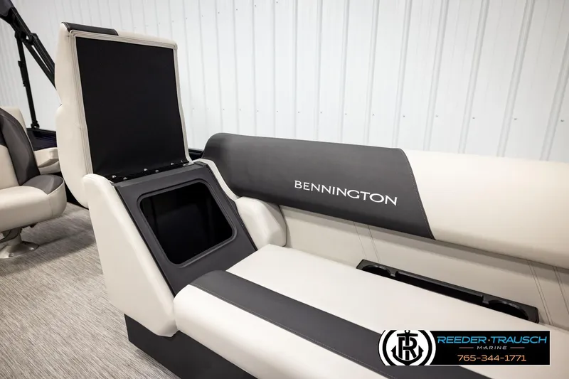 Slide: The Image of 2026 Bennington 22 SSBSF boat seat with storage compartment open, showcasing sleek design. - 28