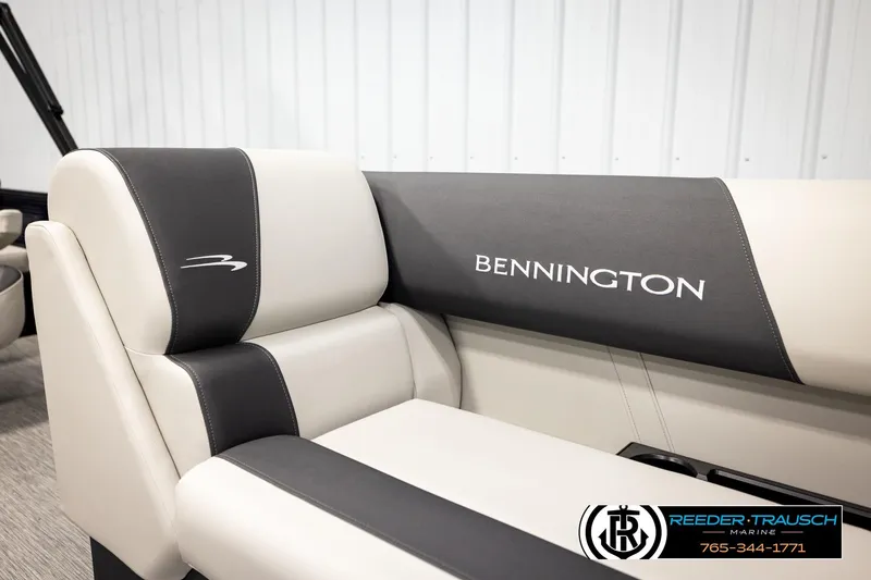 Slide: The Image of 2026 Bennington 22 SSBSF boat interior with branded seating and sleek design. - 42